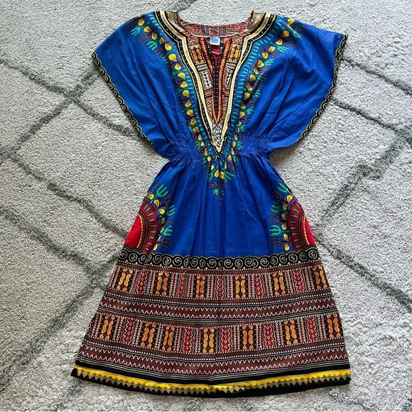 Mama and Papa Blue & Yellow Dashiki style mini dress small - Picture 1 of 7